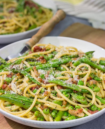 Spaghetti Carbonara with Spring Vegetables