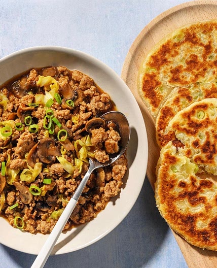 Braised Beef Mince and Cōng Y óu Bǐng Style Pancakes