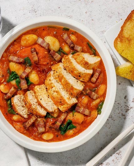 French Inspired One Pot Baked Chicken and Bacon Cassoulet