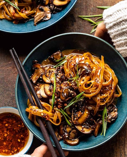 30 Minute Saucy Ginger Sesame Noodles with Caramelized Mushrooms