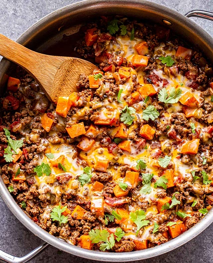Southwest Ground Beef and Sweet Potato Skillet