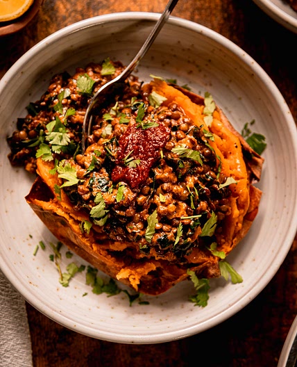 Harissa Coconut Lentils with Kale & Roasted Sweet Potatoes