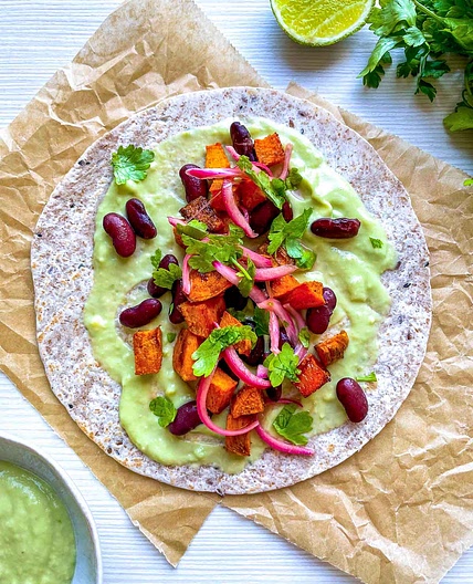 Open Face Red Bean Sweet Potato Tacos