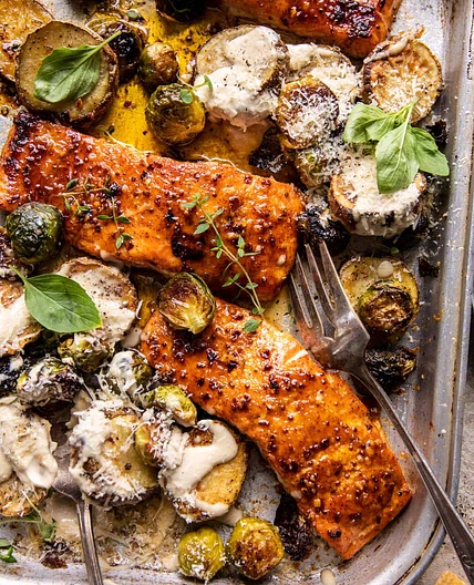 Sheet Pan Honey Mustard Salmon with Caesar Roasted Potatoes
