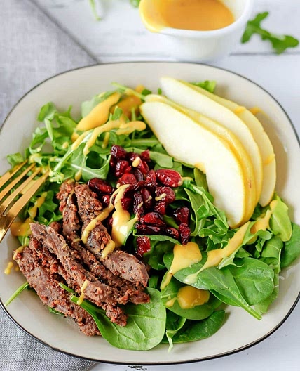 Montreal Steak and Pear Salad with Honey Mustard Dressing