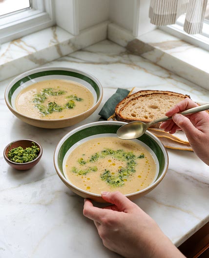 Cauliflower Soup with Green Olive Salsa Verde