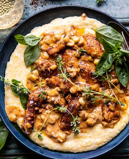Creamy Garlic Corn Chicken with Cheesy Polenta