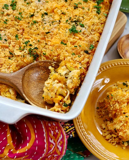 Yellow Squash Casserole with Shredded Chicken