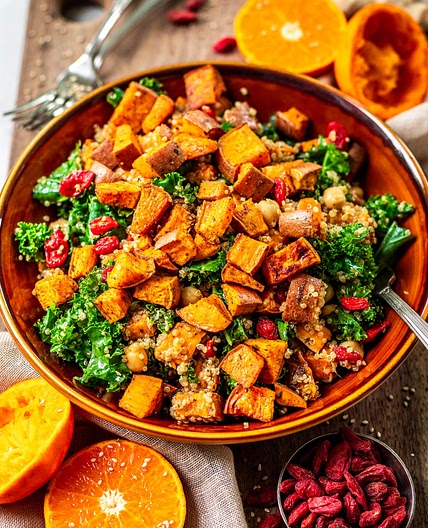 Kale Salad with Chickpea, Quinoa, and Roasted Sweet Potato