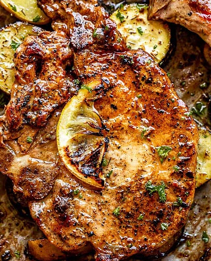 Lemon Garlic Baked Pork Chops with Squash and Potatoes