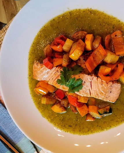 Roasted salmon with tomatillo salsa
