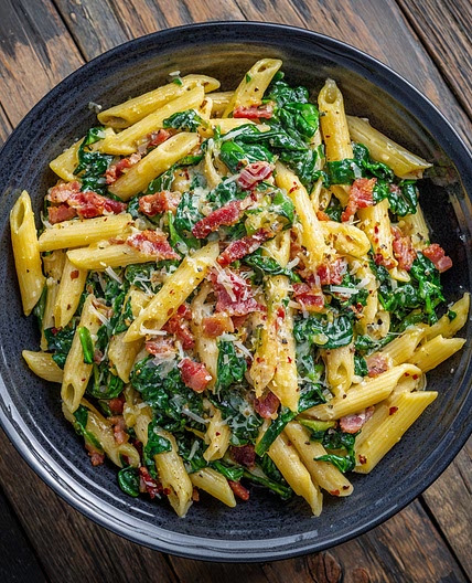 Penne Pasta with Spinach and Bacon