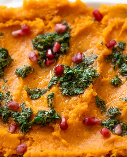 Mashed Sweet Potatoes With Lemon Basil Sauce
