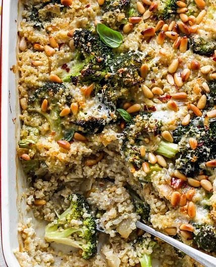 Cheesy Pesto Broccoli Quinoa Casserole