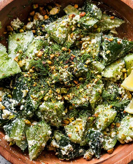 Smashed Cucumber Salad with Feta-Dill Dressing and Pistachios