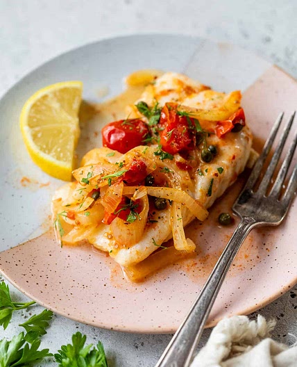 Baked Cod With Roasted Tomatoes and Lemon