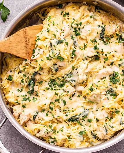 Chicken and Spinach Spaghetti Squash Alfredo