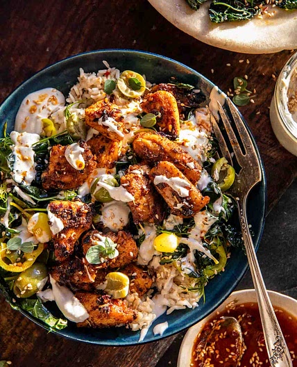 Greek Chicken Bowls with Creamy Tahini Feta Sauce