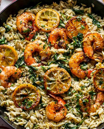 One Skillet Lemon Pepper Shrimp and Orzo