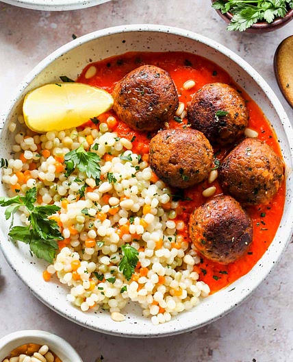 Moroccan Lentil Meatballs with Roasted Red Pepper Sauce