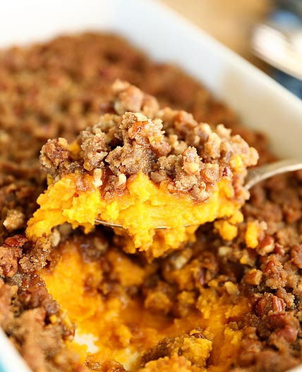 Sweet Potato Casserole with Pecan Praline Topping
