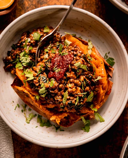 Harissa Coconut Lentils with Kale & Roasted Sweet Potatoes