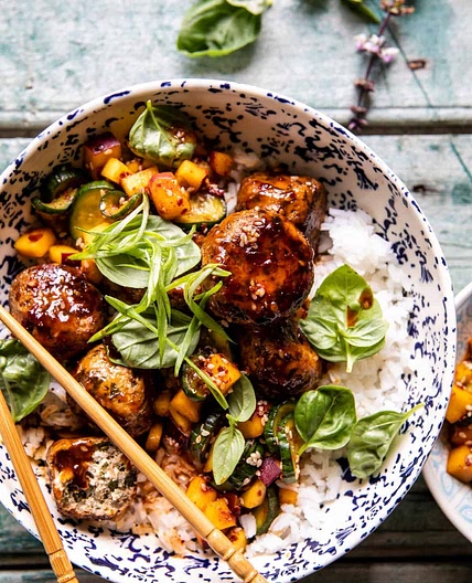 Sweet and Spicy Sesame Meatball Bowl with Mango Cucumber Salad