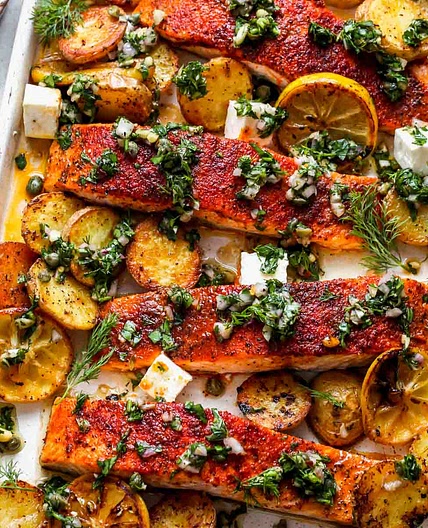 Sheet Pan Salmon and Potatoes with Caper Chimichurri