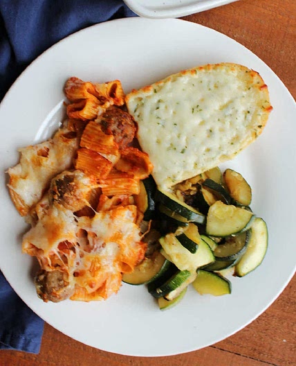 No Boil Rigatoni and Meatball Bake