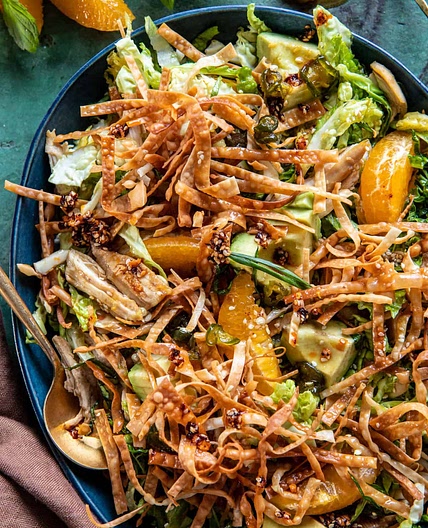 Sesame Ginger Orange Chicken Salad...with crispy fried wontons