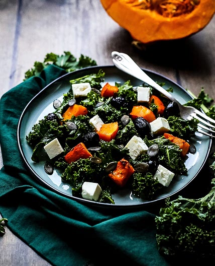 Kale Pumpkin Salad with Feta and Pesto Dressing