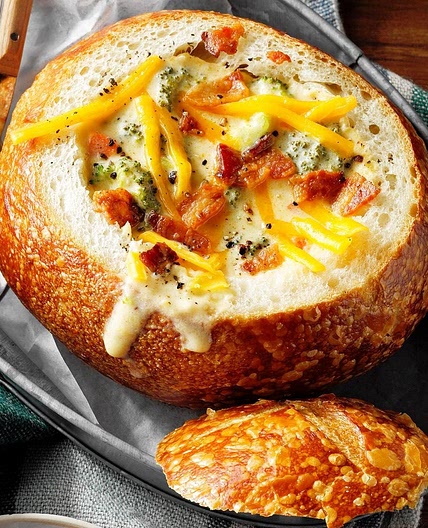 Cheesy Broccoli Soup in a Bread Bowl