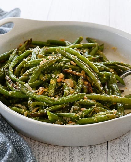 Roasted Green Beans with Garlic, Lemon, Pine Nuts & Parmesan
