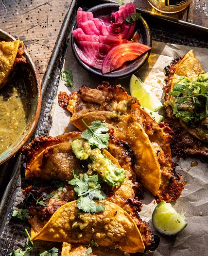 Sheet Pan Crispy Chicken Tacos with Roasted Jalapeño Sesame Verde