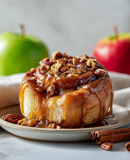 Caramel Apple Cinnamon Rolls with Sticky Pecan Topping