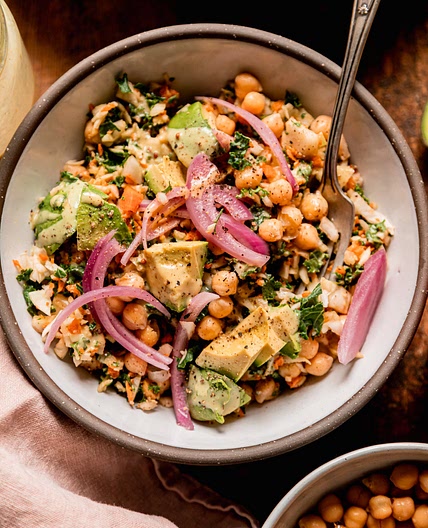 Chopped Kale Cabbage Salad with Sweet Mustard Dressing, Chickpeas & Avocado