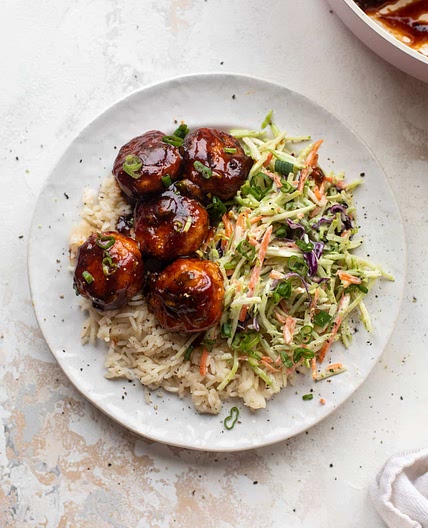 Sticky BBQ Chicken Meatballs with Broccoli Slaw