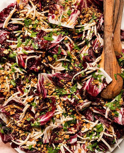 Celery Root Radicchio Salad with Warm Date Dressing & Pistachios