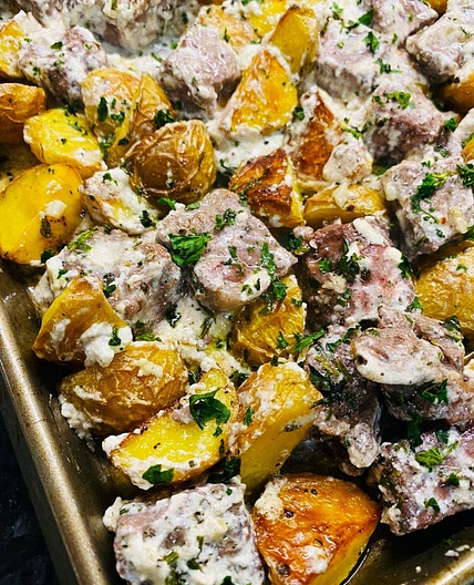 Steak Potatoes and Goat Cheese