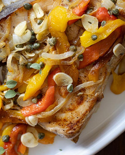 Swordfish with Onions & Roasted Bell Peppers