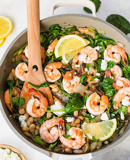 Tuscan White Beans with Shrimp, Spinach and Feta