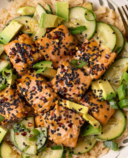 Sesame Salmon Bites with Cucumber Salad