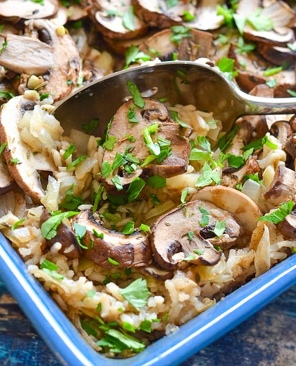 Oven Baked Garlic Mushroom Rice