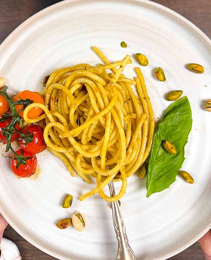 Pistachio Pesto Pasta with Blistered Tomatoes