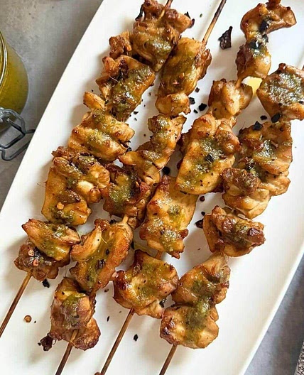 Chicken Satay with Peanut Marinade and Thai Basil Pesto