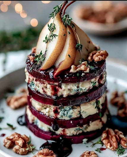 Roasted Beetroot & Gorgonzola Towers with Pear & Balsamic Glaze