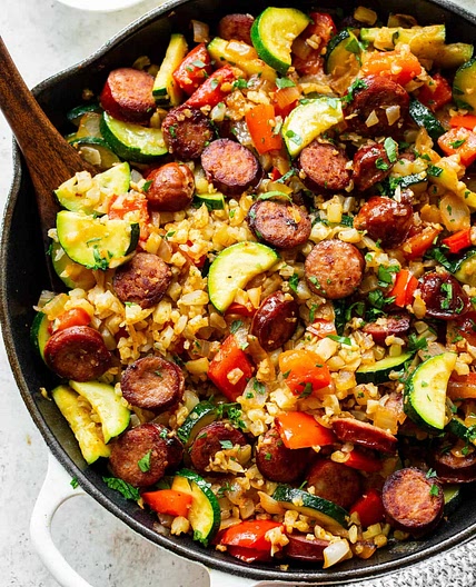 One Skillet Sausage with Veggies and “Rice” {Paleo, Whole30, Keto}