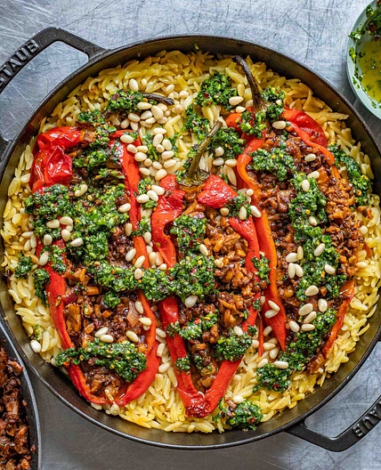 Stuffed Peppers With Garlic Orzo and Zhoug
