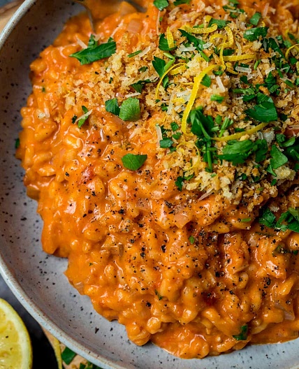 Creamy Tomato Risotto with Crispy Garlic Crumbs