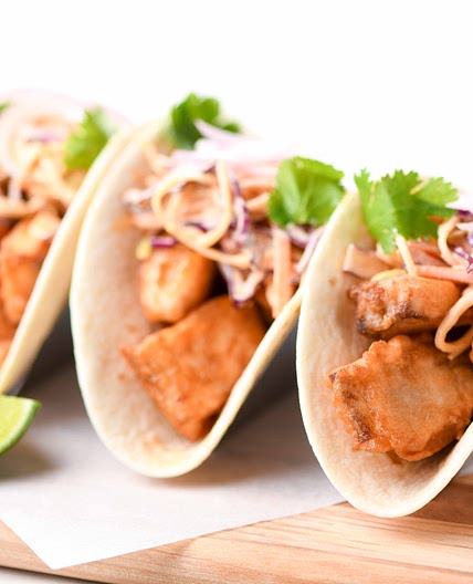 Baja Fish Tacos with Sriracha slaw and pickled shallot